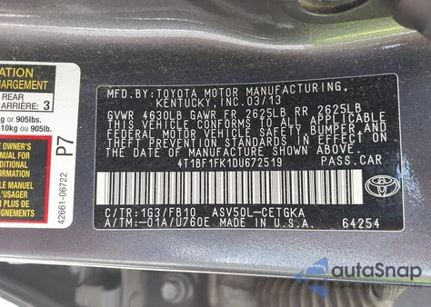 2013 Toyota Camry Xle from USA, damaged, VIN 4T1BF1FK1DU672519